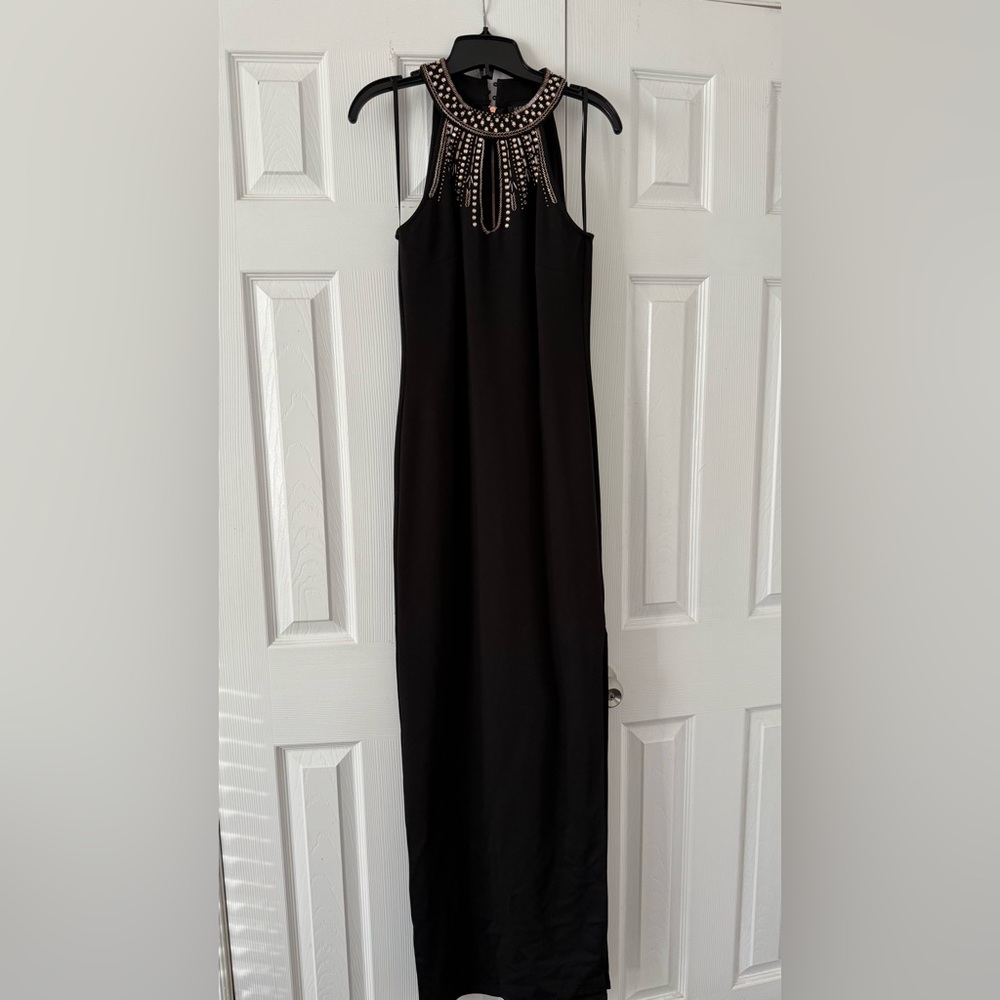 Le Château Black Dress with Gold Embellishments and Side Split